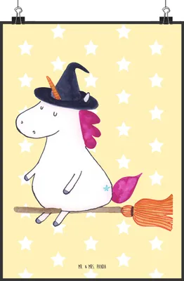 Produktbild von Mr. & Mrs. Panda Bild Einhorn Hexe DIN A2 - Gelb Pastell - Geschenk, Unicorn, Wandbild, Plakat, Einhörner, drucke, Kunstdruck, Frau, Teufel, Verrückte, wanddeko