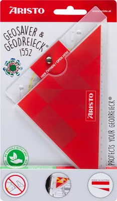 Produktbild von Aristo Geodreieck mit passender Geosaver Schutzhülle (Dreieck Hypotenuse 16 cm, Tuschenoppen und Facetten, Hülle mit Ordnerleiste, Kunststoff) rot, transparent