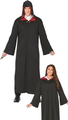 Two models, a man and a woman, are wearing black robes with red lining and hoods.