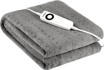 A folded gray electric blanket with a white controller attached.