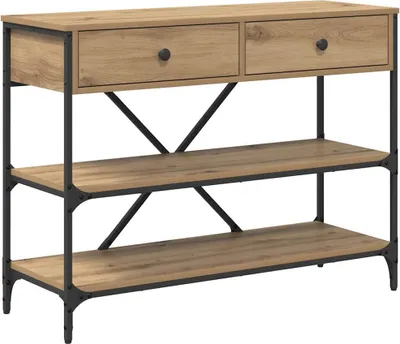 A console table with drawers and shelves against a white background.