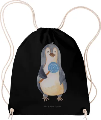 Produktbild von Mr. & Mrs. Panda Beutel Pinguin Lolli - Schwarz - Geschenk, Jutebeutel, Süß, Kleiner Rucksack, Süßigkeiten, wander, Pinguine, Spruch, Naschen, Sportbeutel, Heißhunger