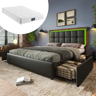 Immagine prodotto di Giroletto Sweiko con illuminazione a LED e 4 cassetti, letto matrimoniale imbottito 160x200cm, testata regolabile in altezza, letto funzionale,Poliuretanonero (con materasso)
