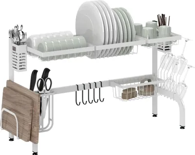 Obrázek produktu pro Odkapávací stojan nad dřez - 2 úrovně - kovový - držák na prkénko a příbory - 100×30×54,5 cm - bílý