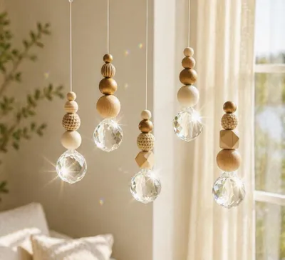 5er-Set Kristall-Suncatcher mit Holzkugeln, 40 cm, für Fenster