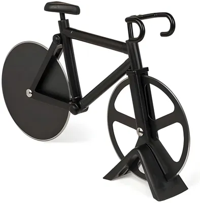 Produktbild von PolkaHome® Lustiger Fahrrad-Pizzaschneider aus Kunststoff mit Edelstahl-Schneidrollen, schwarz, 17 x 11 x 2 cm