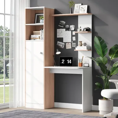 Productafbeelding van Sweiko werkbank/bureau met opbergruimte – Wit met contrasterende ribbenhouten details, onderkast met deuren en open bovenkast, kantoordesign, 123,5 x 45 x 168,5 cm