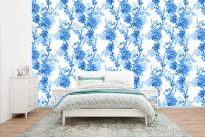 Produktbild von MuchoWow® Fototapete für Wohnzimmer oder Schlafzimmer Wandtapete Vinyl Motivtapete Blumen - Blau - Hortensie - 400x240 cm - Gemustert