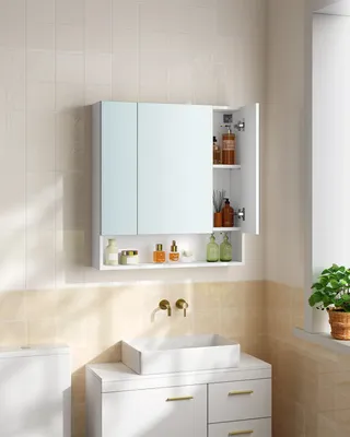 Obrázek produktu pro VASAGLE koupelnová skříňka se 3 dveřmi, zrcadlová skříňka, koupelnová skříňka, otevřená přihrádka, nastavitelné police