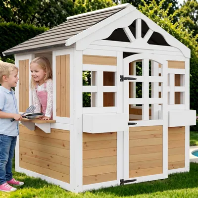 Produktbild von Merax Garten Kinderspielhaus aus Holz Spielhaus, Kinder Outdoor,  Gartenspielhaus mit Türen Und Fenstern, Baumhaus Für Garten, Wetterfest, Natur