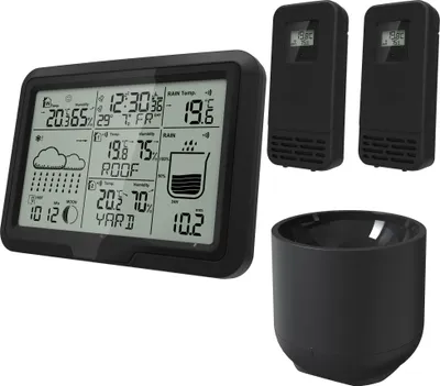 Produktbild von Miraval Design Funk-Wetterstation mit 2 benennbaren Sensoren + Regenmesser Mondphasenanzeige Luftfeuchtigkeit Temperaturanzeige Alarm