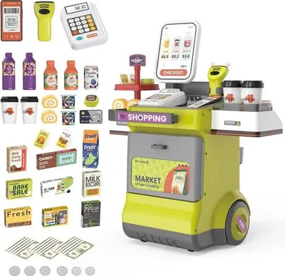 Produktbild von Kassenrollenspiel für Kinder - 48-teiliges Spielset mit Scanner, Rechenmaschine, Spielgeld und Einkaufszubehör