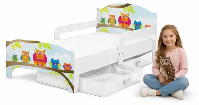 Produktbild von Bayagu Kinderbett 140x70cm Weiß Matratze Schublade Rausfallschutz Eulen