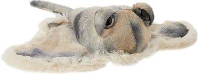 A plush toy stingray is shown from a slightly elevated, diagonal angle against a white background.