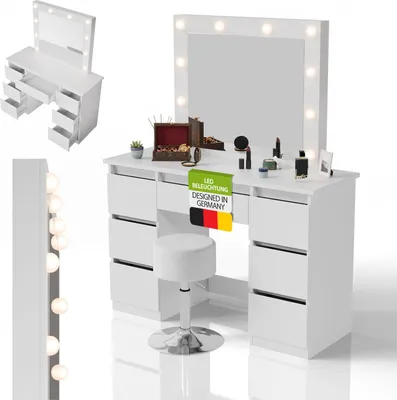 A white vanity table with a lighted mirror and a stool, set against a white background.