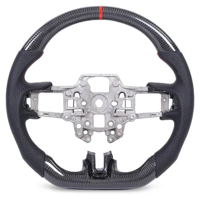 Image de Volant en fibre de carbone, cuir perforé, compatible avec la Ford Mustang EcoBoost 2018-2023, rouge, cousu main, face inférieure plate, non chauffant