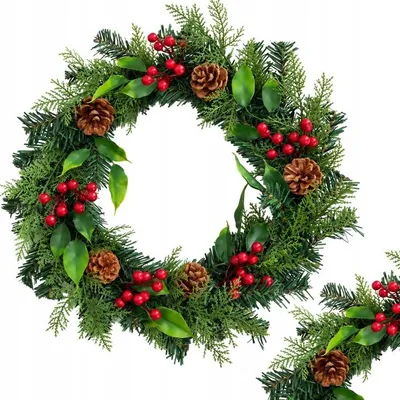 Produktbild von Weihnachtskranz 40 cm Türkranz Adventskranz mit roten Beeren Tannenzapfen künstlicher Dekokranz Weihnachtsdeko