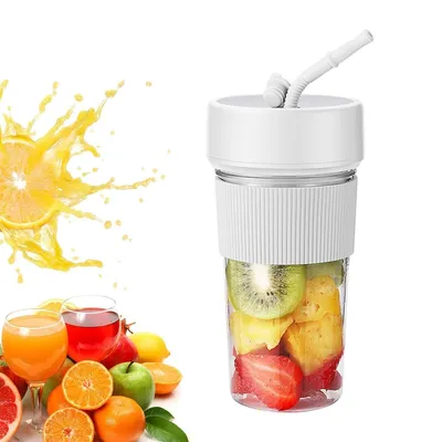 A split image showing a splash of orange juice on the left and a portable blender filled with fruit on the right.