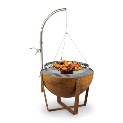 A barbecue grill with food on it, set against a white background.