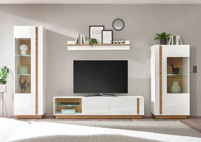 Produktbild von Clair Wohnwand 320cm weiß / weiß glanz - grandson oak Wohnzimmer Anbauwand