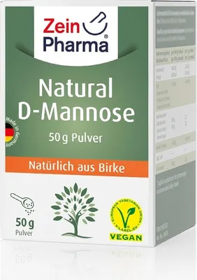 The image shows the front of a product box for Zein Pharma Natural D-Mannose powder.