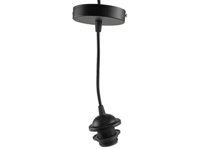 A black pendant light cord with a socket and a ceiling canopy, isolated on a white background.