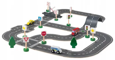 Produktbild von Playtive Holzstraßen-Set Stadt mit Fahrzeugen und Brücke