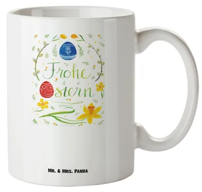 Produktbild von Mr. & Mrs. Panda Große Teetasse Ostern Frohe Ostern - Weiß - Geschenk, tasse mit henkel, Haferl, Henkelbecher, Bemalte Ostereier, Osterei, Osterblume, Ostergrüße, Pott