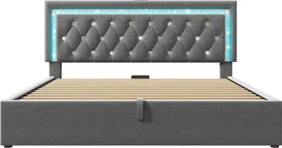 Produktbild von Flieks Polsterbett 140x200cm mit USB & Type C, Hydraulisches Bett mit Stauraum, Doppelbett Jugendbett mit LED, Stauraumbett Samt, Grau