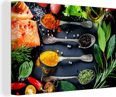 Produktbild von MuchoWow® - Leinwandbilder - Kräuter - Löffel - Küche - Gewürze, Wandbild, Wanddeko Bilder Wohnzimmer, 120x80 cm