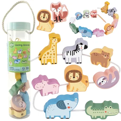 Zdjęcie produktu dla WOOPIE GREEN Drewniana Nawlekanka Klocki Przeplatanka ZOO Montessori 13 el.