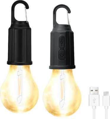 Produktbild von 2 Stück Campinglampe, Camping Lights, LED Campinglampe Aufladbar, LED Tragbare Zeltlampe Notlicht mit Karabiner Wasserdicht für Camping, Abenteuer