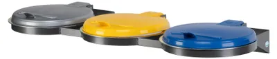 Produktbild von Robuster Abfallsammler für Wertstoffsortierung 3-Fach | Wandhalterung | 3x 120 Liter, BxT 120x51cm | Stahl | Silber, Gelb, Blau
