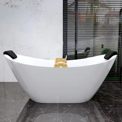 Produktbild von Freistehende Badewanne 180x80 Weiß Modern Exclusive Acryl Ablaufgarnitur VIEGA + Schwarz Kopfstütze + Bambus Badewannenablage | BADLAND IVAR