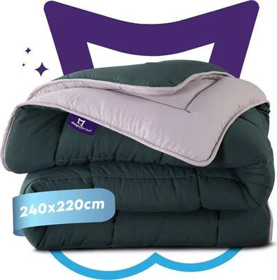 A folded duvet with a size label and brand logo.