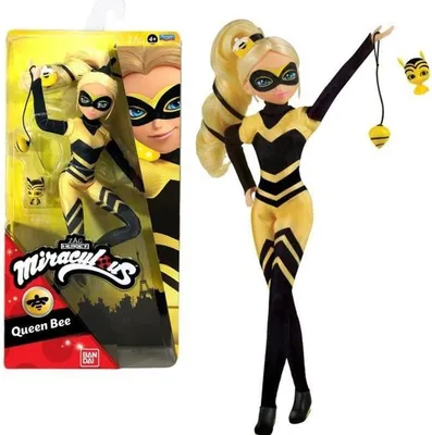 A doll of Queen Bee from Miraculous Ladybug in its packaging and displayed separately.