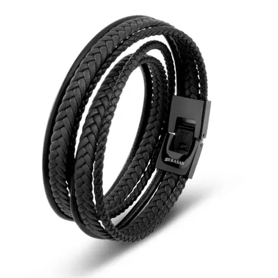 Obrázok produktu pre SERASAR | Pánsky Prémiový Kožený Náramok [Wrap] z Stainless Steel | Farba: Čierna | Dĺžka: 46cm