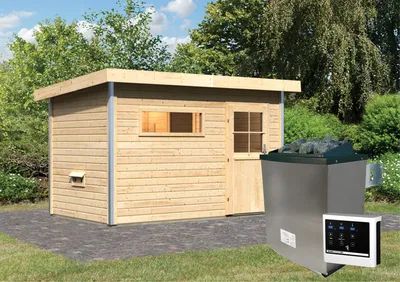 Produktbild von Karibu Saunahaus Außensauna Gartensauna Skrollan 1 unbehandelt Ofen 9 KW externe Strg easy 38mm Massivholz 336x196x228 cm mit Classic Tür