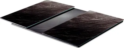 A set of two black glass cutting boards with a marble-like pattern, placed on a white background.