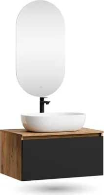 Produktbild von Planetmöbel ARISA Badmöbel Set in Schwarz - Mit LED Spiegel und weißem Keramik-Aufsatzwaschbecken 60 cm