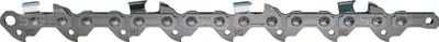 A close-up, straight-on view of a chainsaw chain against a white background.