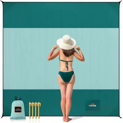 Produktbild von Sandfreie Stranddecke XXL 300x300cm Dunkelgrün/Minzgrün Ultraleicht Schnelltrocknend Spritzwassergeschützt Campingdecke Picknickmatte Strandtuch mit Heringen & Tragetasche