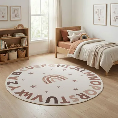 Obrázek produktu pro Carpetsale24 D?tský koberec abeceda vzd?lávací koberec kulatý do d?tského pokoje barva krémová ideální pro u?ení Velikost: 120 cm kulatý