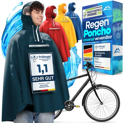 Produktbild von NEXTCOVER® NEU Regenponcho Fahrrad für Damen & Herren - mit [AquaShield 2.0] Technologie I Regenponcho Wandern, Fahrrad-Regencape, Angel Poncho, Regenponcho Herren, Regencape Damen wasserdicht Fahrrad