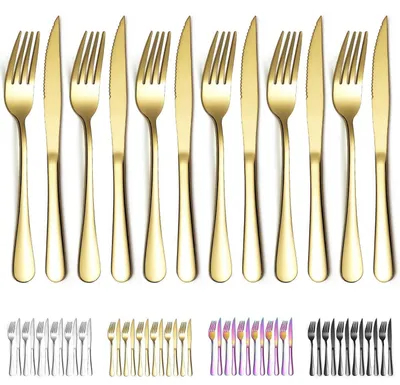 Produktbild von Steckbesteck 12-teilig Gold Titanbeschichtung Edelstahl 6 Tafelgabeln 6 Tafelmesser spülmaschinenfest