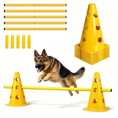 Obrázok produktu pre Sada pre agility pre psov, 10 kužeľov, 5 tyčí, výška 23 cm, prekážky, koordinácia, žltá farba