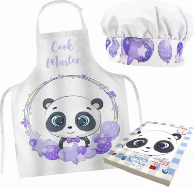 Produktbild von DOMAREX Küchenschürze für Kinder + Kochmütze Set, 100% Baumwolle, ideales Geschenk für kleine Köche, verstellbar, bunte Designs -Panda