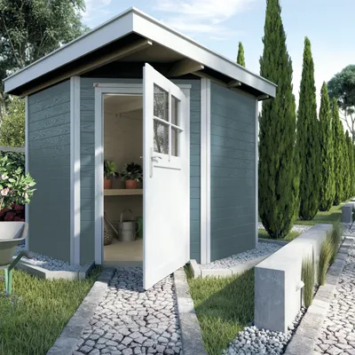 Produktbild von WEKA 229.2121.15400 Gartenhaus/Blockbohlenhaus Quinta mit Einzeltür ; Größe: 1 ; Farbgebung: Grau ; Wandstärke: 21 mm ; Maße (LxBxH): 205 cm x 209 cm x 217 cm ; Seitenwandhöhe: 197 cm