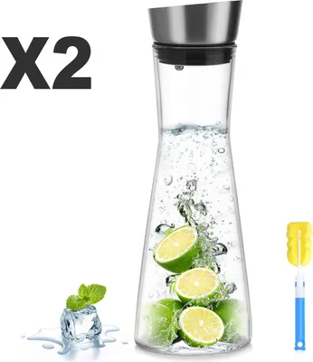 Produktbild von 2 x  Wasserkaraffe, Glas Krug aus hitzebeständigem Borosilikatglas, -20°C130°C, Eistee Krug mit Edelstahldeckel, für Wasser, Obstssaft, Tee, hausgemachte Getränke, Milch, Kaffee, Wein 0,95L