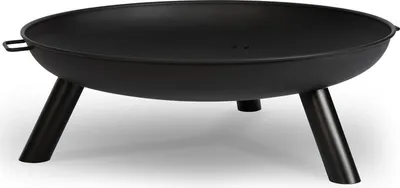 A black metal fire pit with three legs, shown from a side angle on a white background.